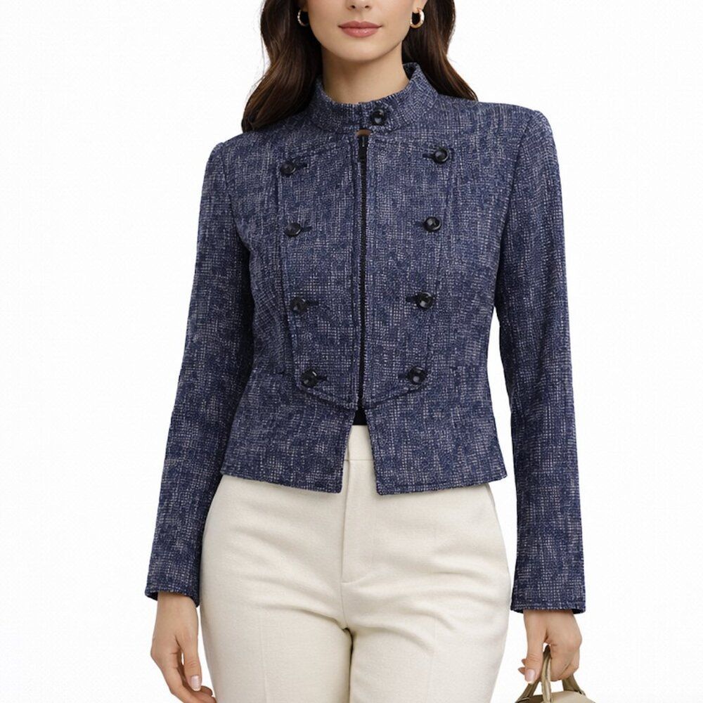 Banana Republic Blue Tweed Military Jacket Size 10 Structured Zip Up Blazer